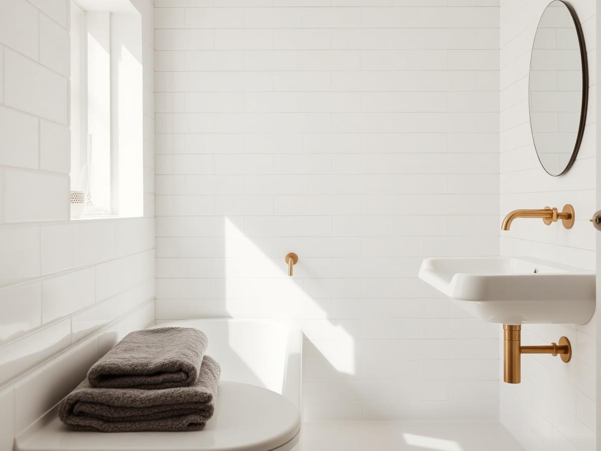 Freshly cleaned white-tiled bathroom with folded towels in a Dorset home