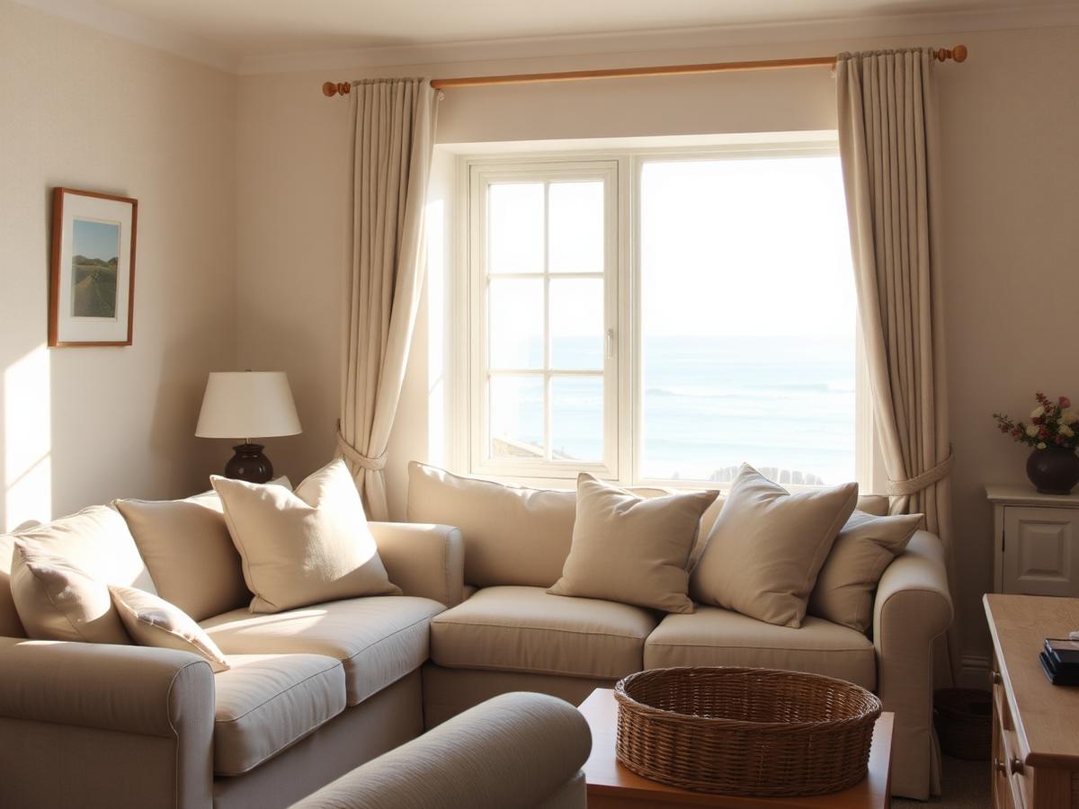 Tidy coastal holiday let living room in Dorset, ready for guests
